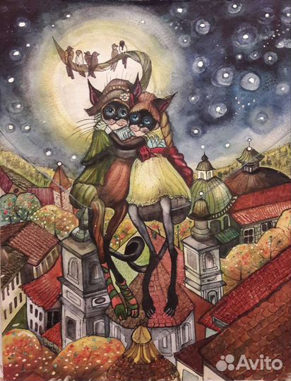 Картина акварелью котики. Размер 40х50. В раме