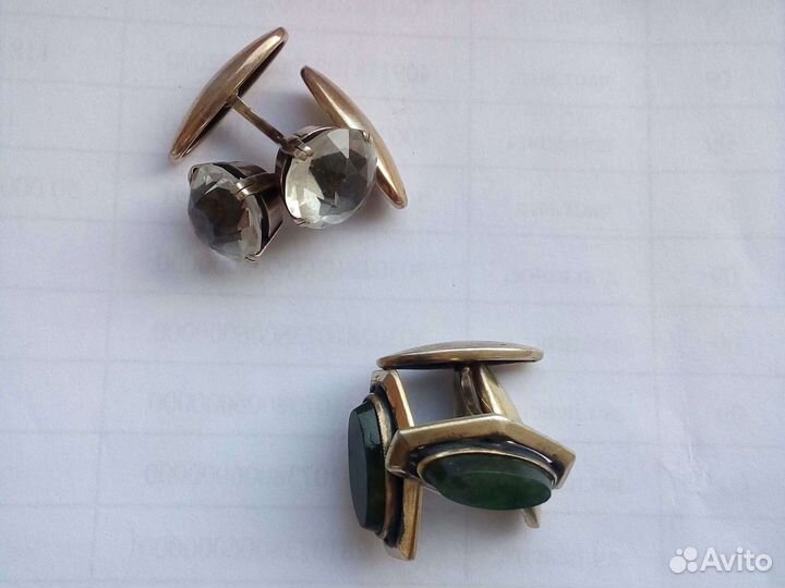 Запонки серебро СССР с горным хрусталем и зеленым