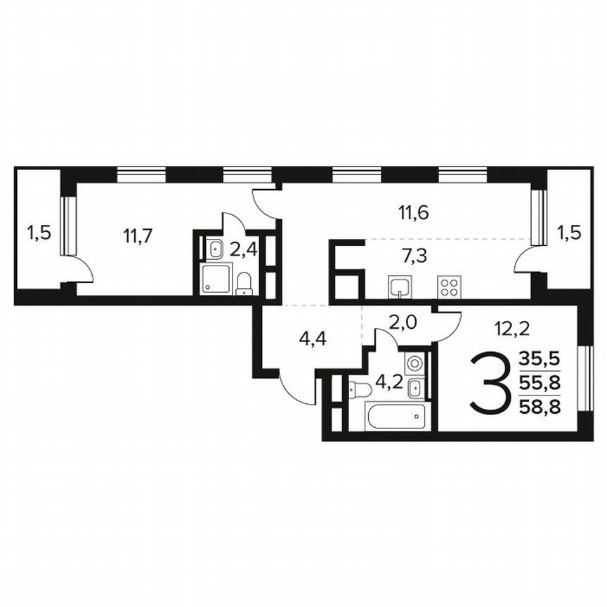 3-к. квартира, 58,8 м², 6/9 эт.