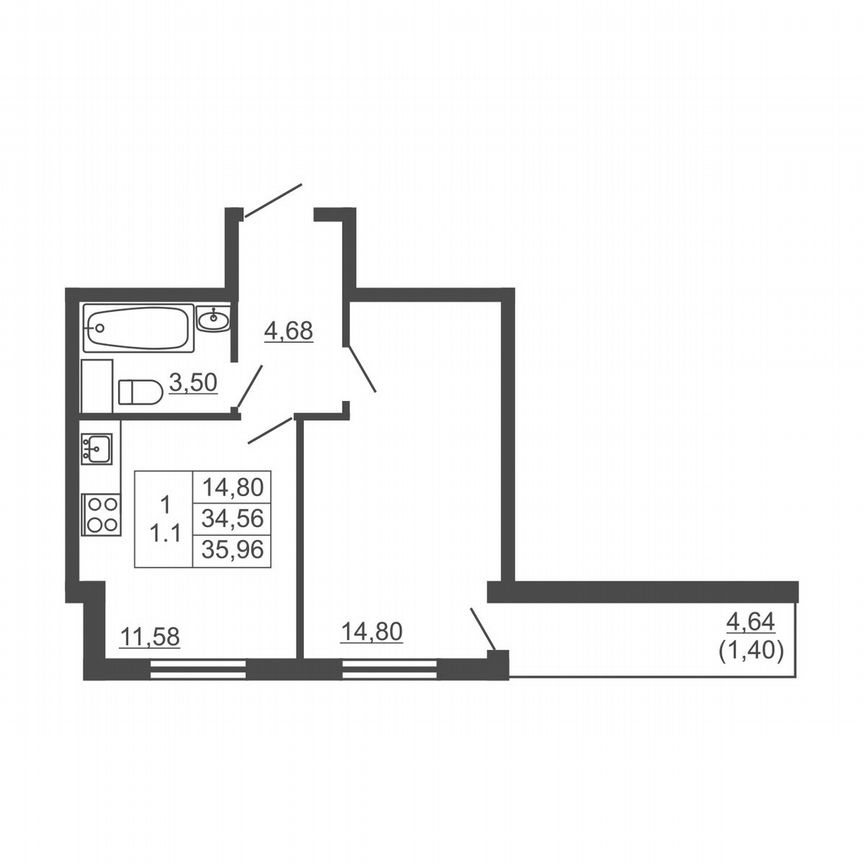 1-к. квартира, 36 м², 6/16 эт.