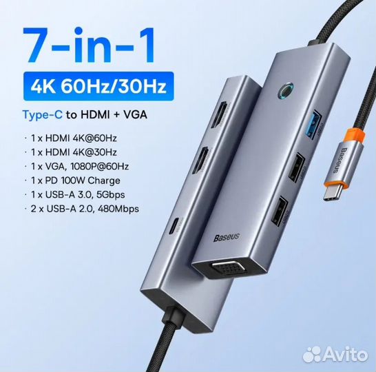 Usb type c hub хаб hdmi baseus 7-in-1 новый