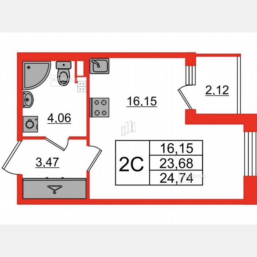 Квартира-студия, 23,7 м², 2/4 эт.