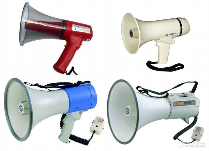 Мегафоны, рупоры, громкоговорители с записью и без