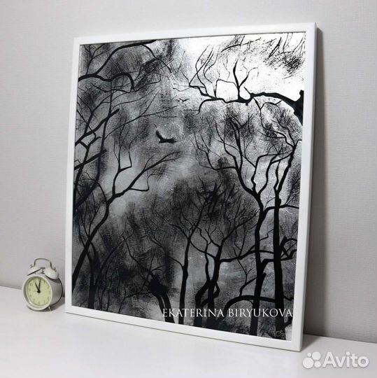 Картина Лес, деревья и птицы в серебре