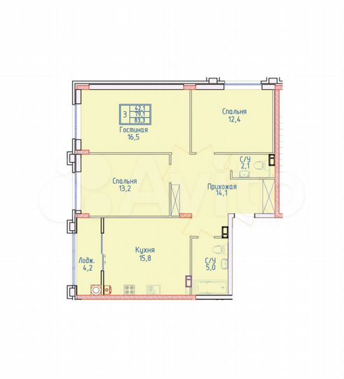 3-к. квартира, 83,3 м², 3/8 эт.