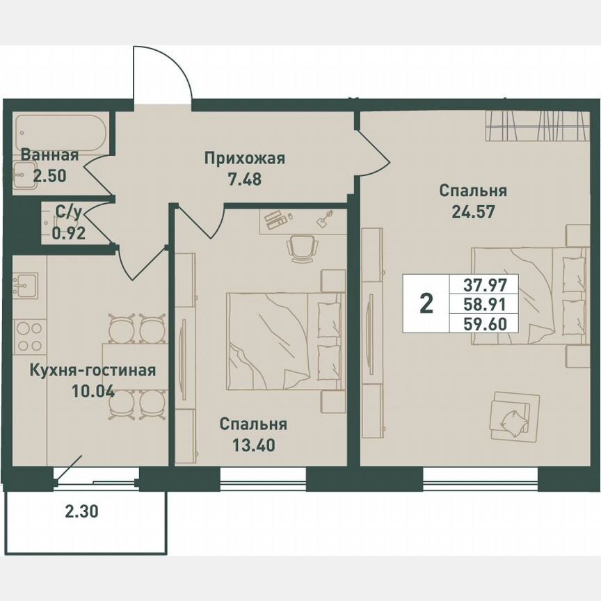 2-к. квартира, 59,6 м², 4/16 эт.
