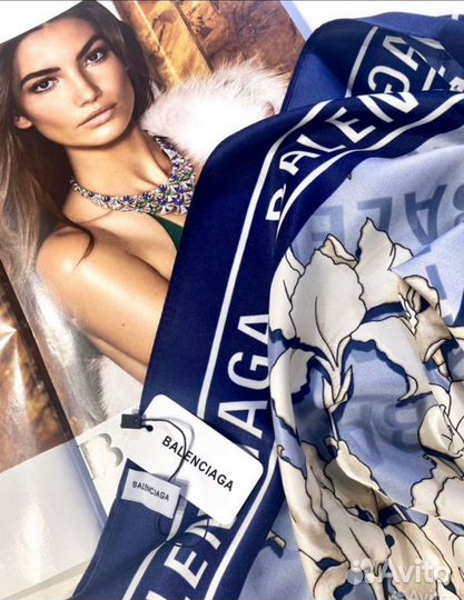 Платок шейный шарфик пашмина синий сад