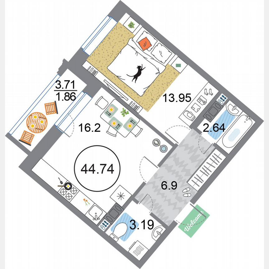 1-к. квартира, 44,7 м², 4/12 эт.