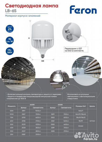 Лампа светодиодная 30W LB-65 E27-E40 6400K