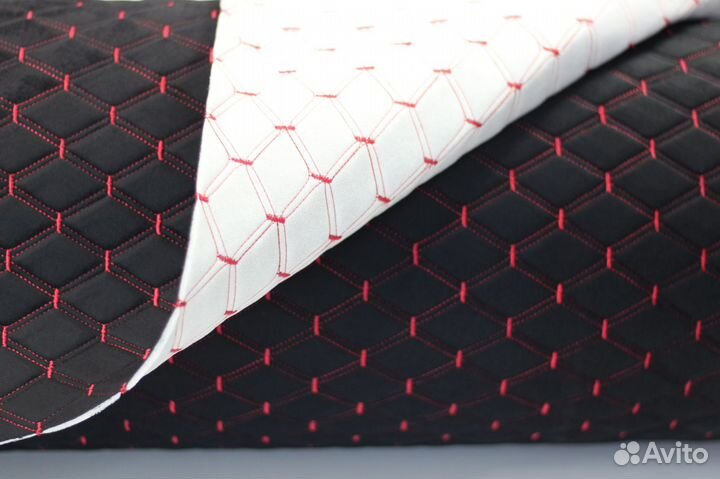 Ткань велюр черный на порол. + стежка ромб красный