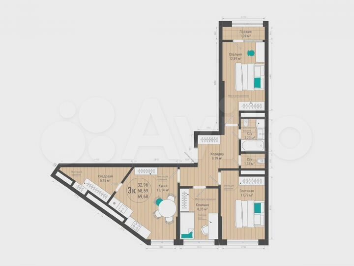 3-к. квартира, 69,7 м², 9/27 эт.