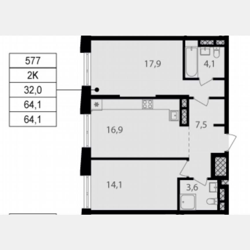 2-к. квартира, 64,1 м², 10/25 эт.