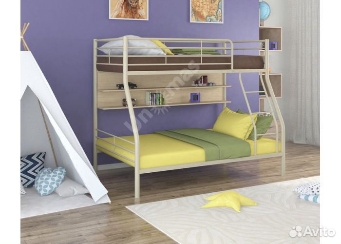 Двухъярусная кровать с полками круглая труба