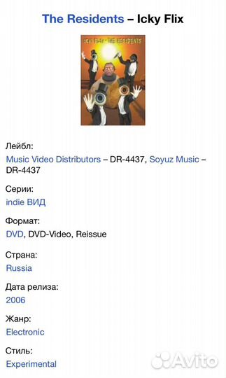 The Residents - Icky Flix DVD Rus