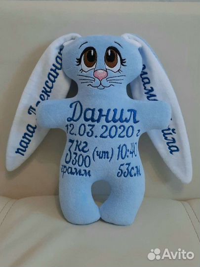 Мягкая игрушка зайчик с метрикой. Именная игрушка