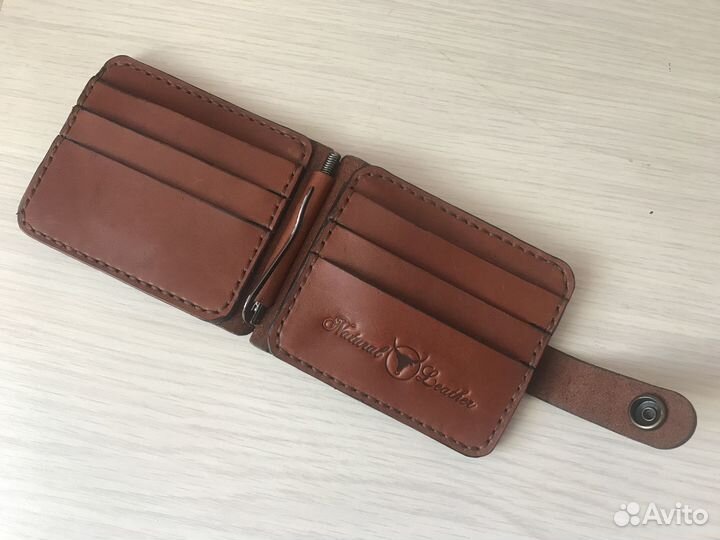 Кожаный кошелек мужской, скрепка для купюр
