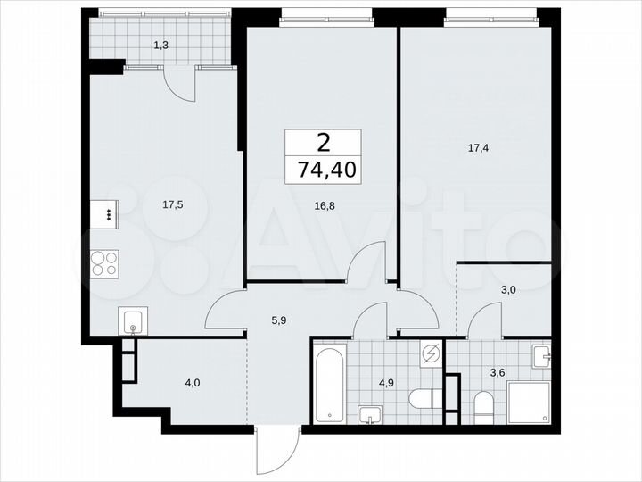 2-к. квартира, 74,4 м², 14/16 эт.