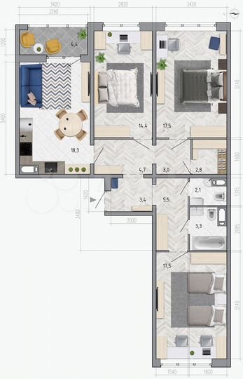 3-к. квартира, 94,7 м², 9/18 эт.