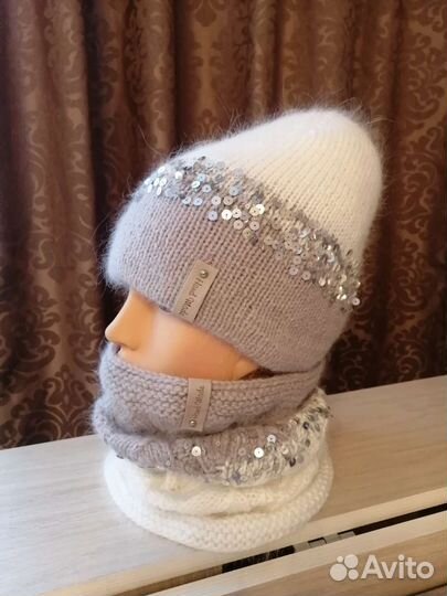 Комплект шапка бини и снуд женский из пуха норки