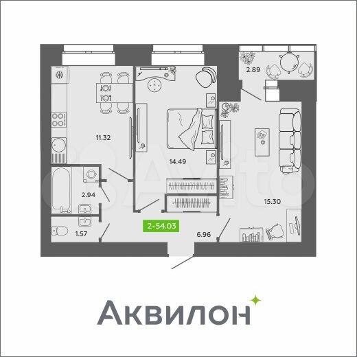 2-к. квартира, 54 м², 6/11 эт.