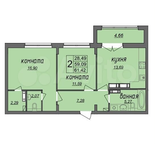 2-к. квартира, 61,4 м², 3/9 эт.