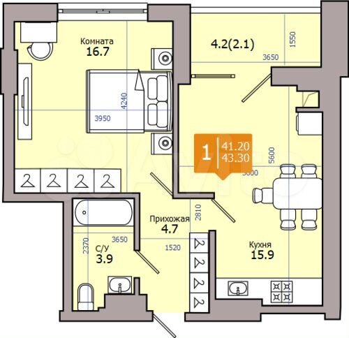 2-к. квартира, 43 м², 15/18 эт.