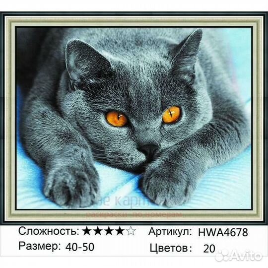 Алмазная мозаика 40x50 Пепельная кошечка с янтарны