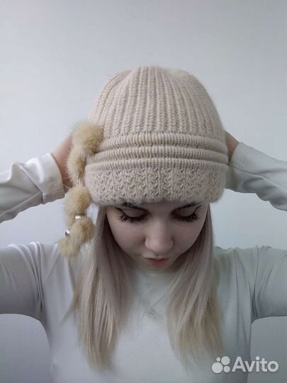 Шапка женская детская с мехом вязанная