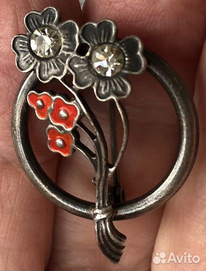 Винтажная брошь мельхиор латунь стекло СССР