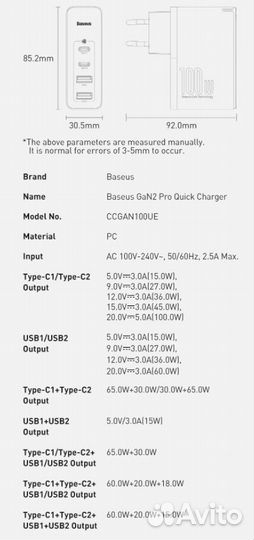 Зарядное устройство baseus gan2 pro quick charger