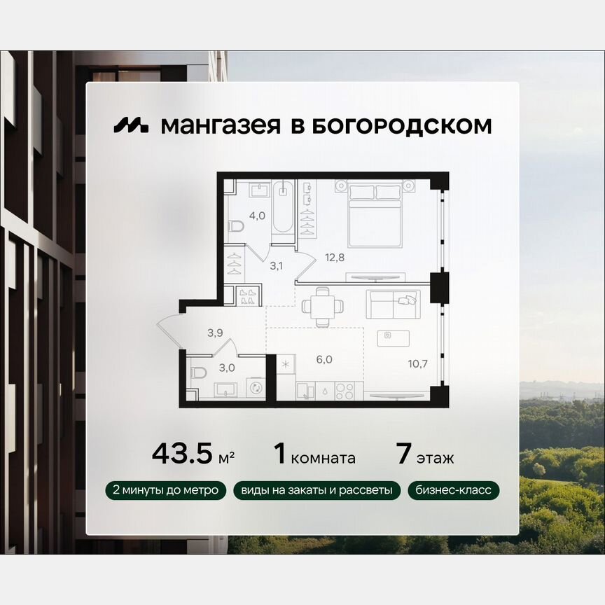 1-к. квартира, 43,5 м², 7/41 эт.