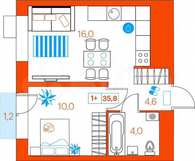 1-к. квартира, 35,8 м², 6/21 эт.