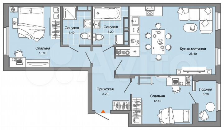 2-к. квартира, 74 м², 4/15 эт.