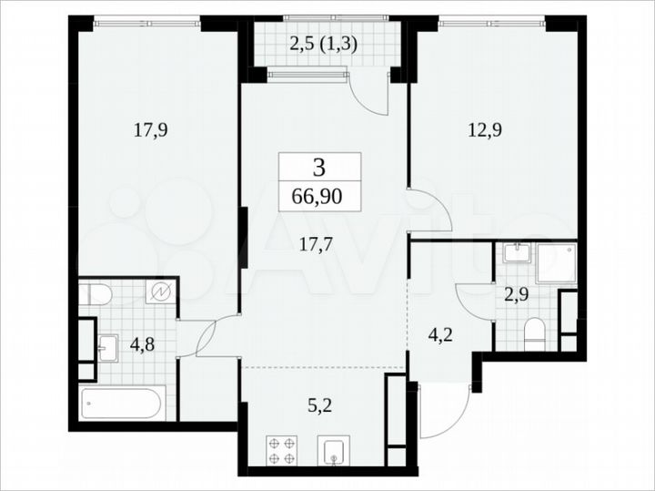 3-к. квартира, 66,9 м², 23/30 эт.