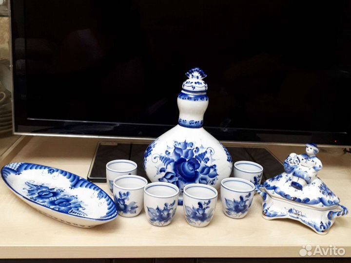 Гжель винный набор, шкатулка, салфеточница