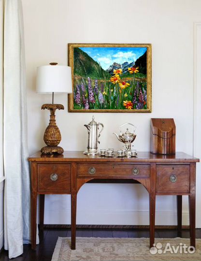 Картина маслом Горный пейзаж с цветами, Алтай