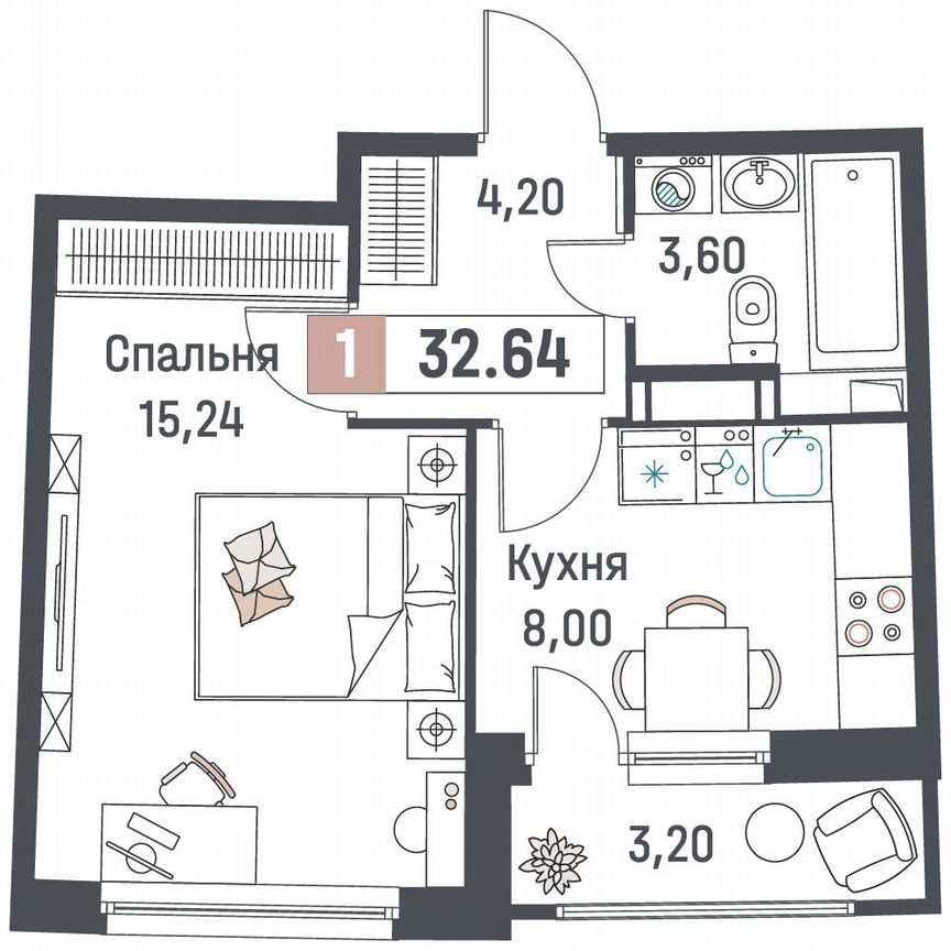 1-к. квартира, 32,6 м², 15/18 эт.