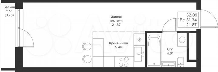 Квартира-студия, 32,1 м², 4/25 эт.