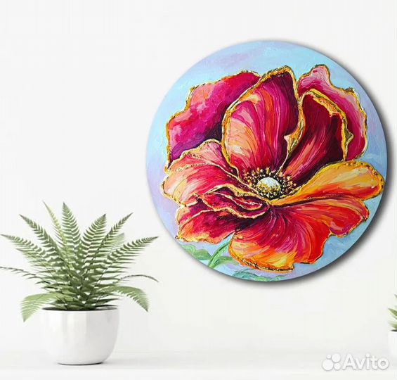 Картина Маки цветы маслом интерьерная с золотом