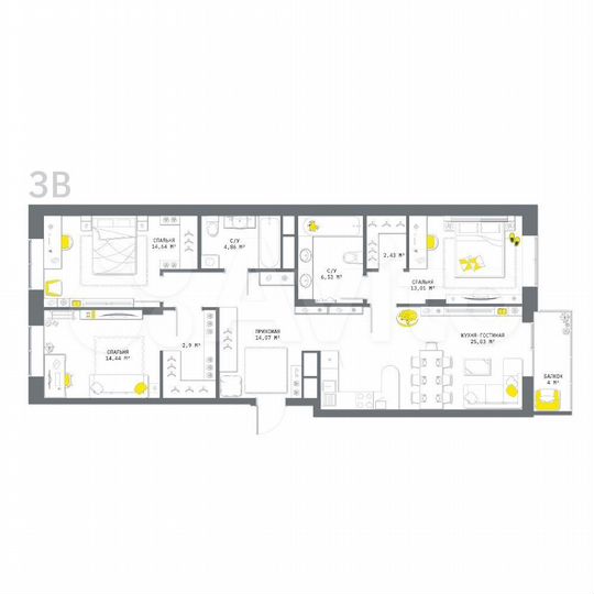 3-к. квартира, 101,9 м², 7/25 эт.