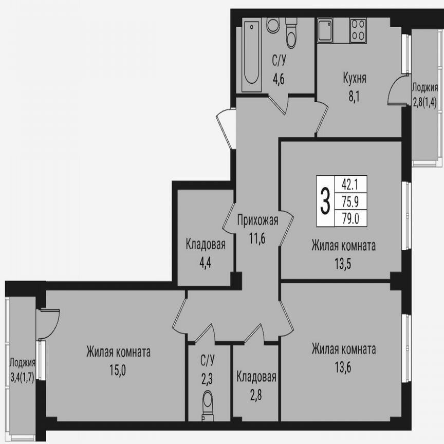 3-к. квартира, 82,5 м², 8/15 эт.