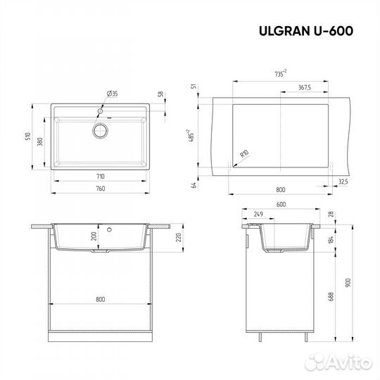 Мойка для кухни 76*51 ulgran U-600 черная