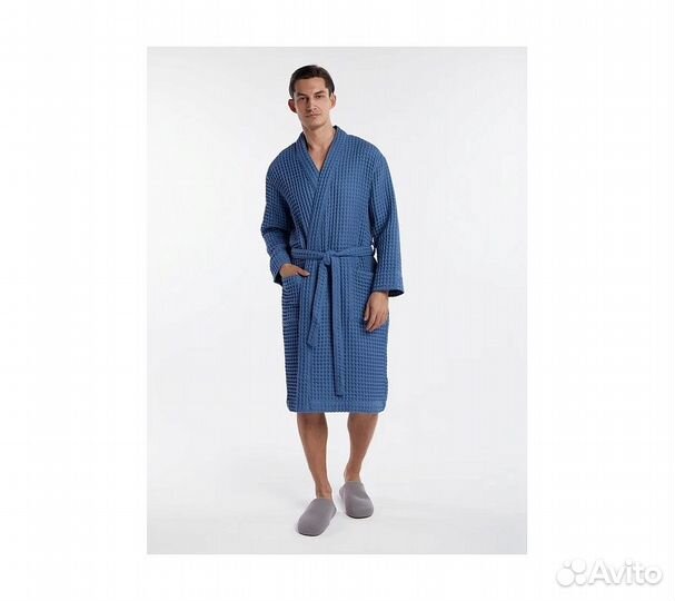 Халат вафельный мужской Home One голубой джинс 52