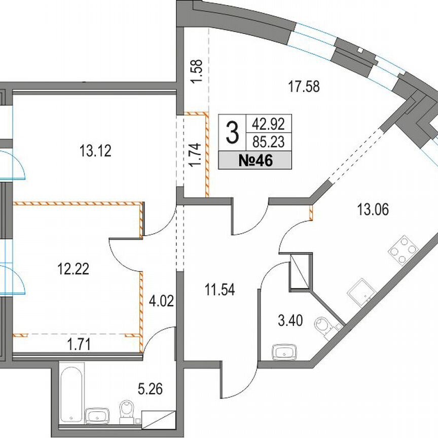 3-к. квартира, 85,2 м², 11/25 эт.