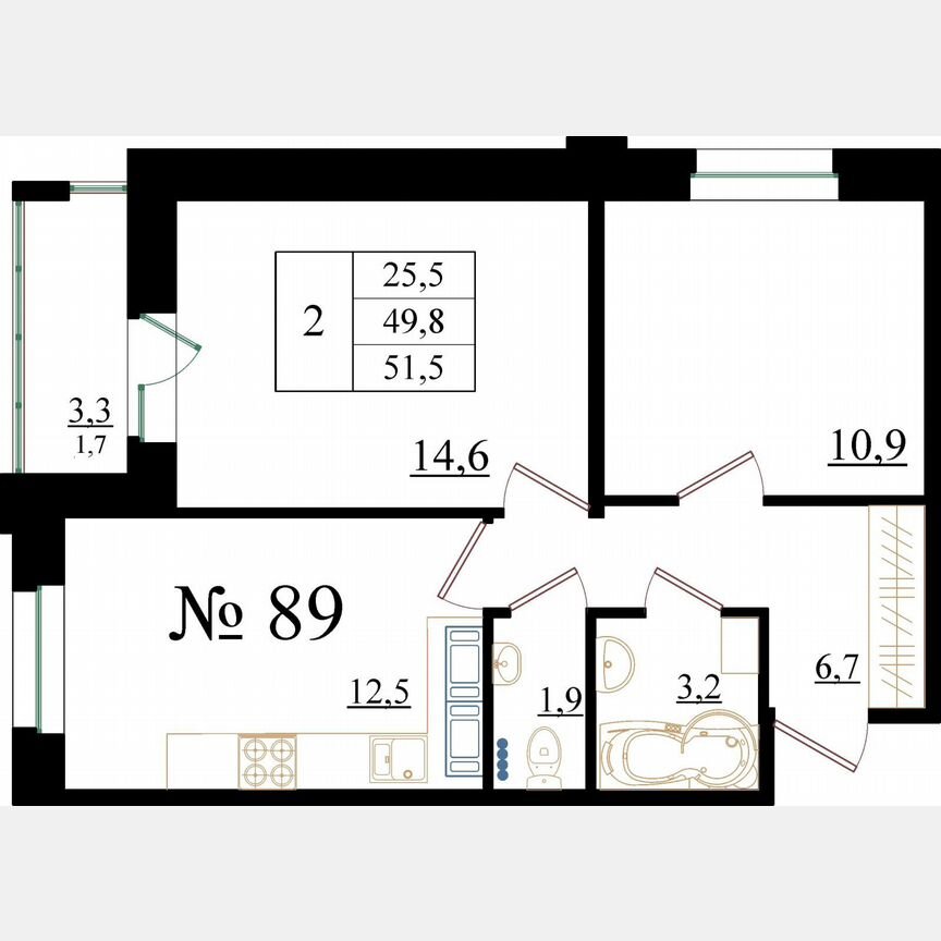 2-к. квартира, 51,5 м², 3/8 эт.