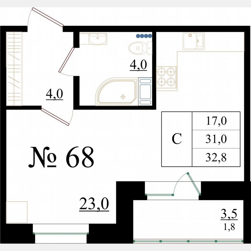 Квартира-студия, 32,8 м², 8/8 эт.