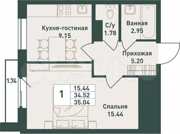 1-к. квартира, 35 м², 10/16 эт.