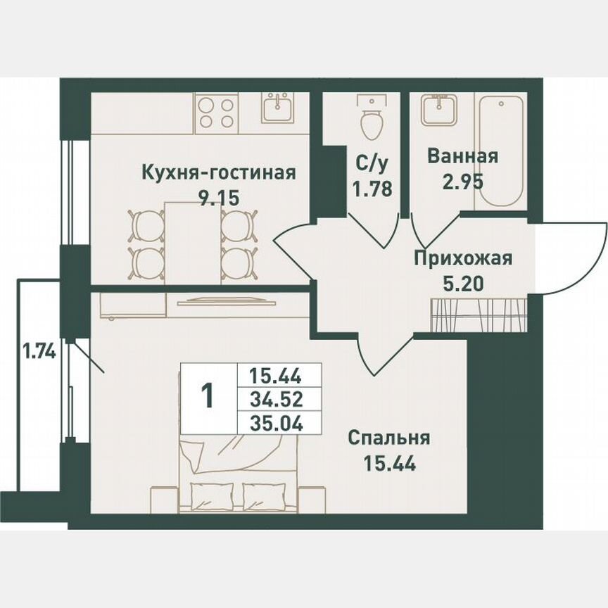 1-к. квартира, 35 м², 10/16 эт.
