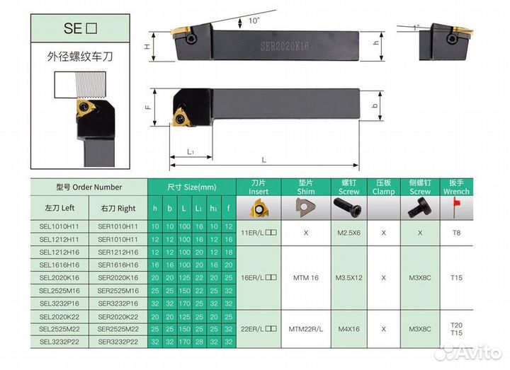 Резец SER2020K16 резьбовой токарный по металлу чпу