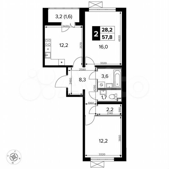 2-к. квартира, 57,8 м², 22/22 эт.